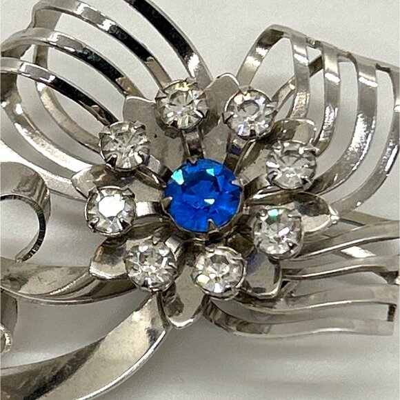 Vintage Ribbon Brooch or Pendant Floral & Clear Blue Center Silver-tone - Picture 2 of 11